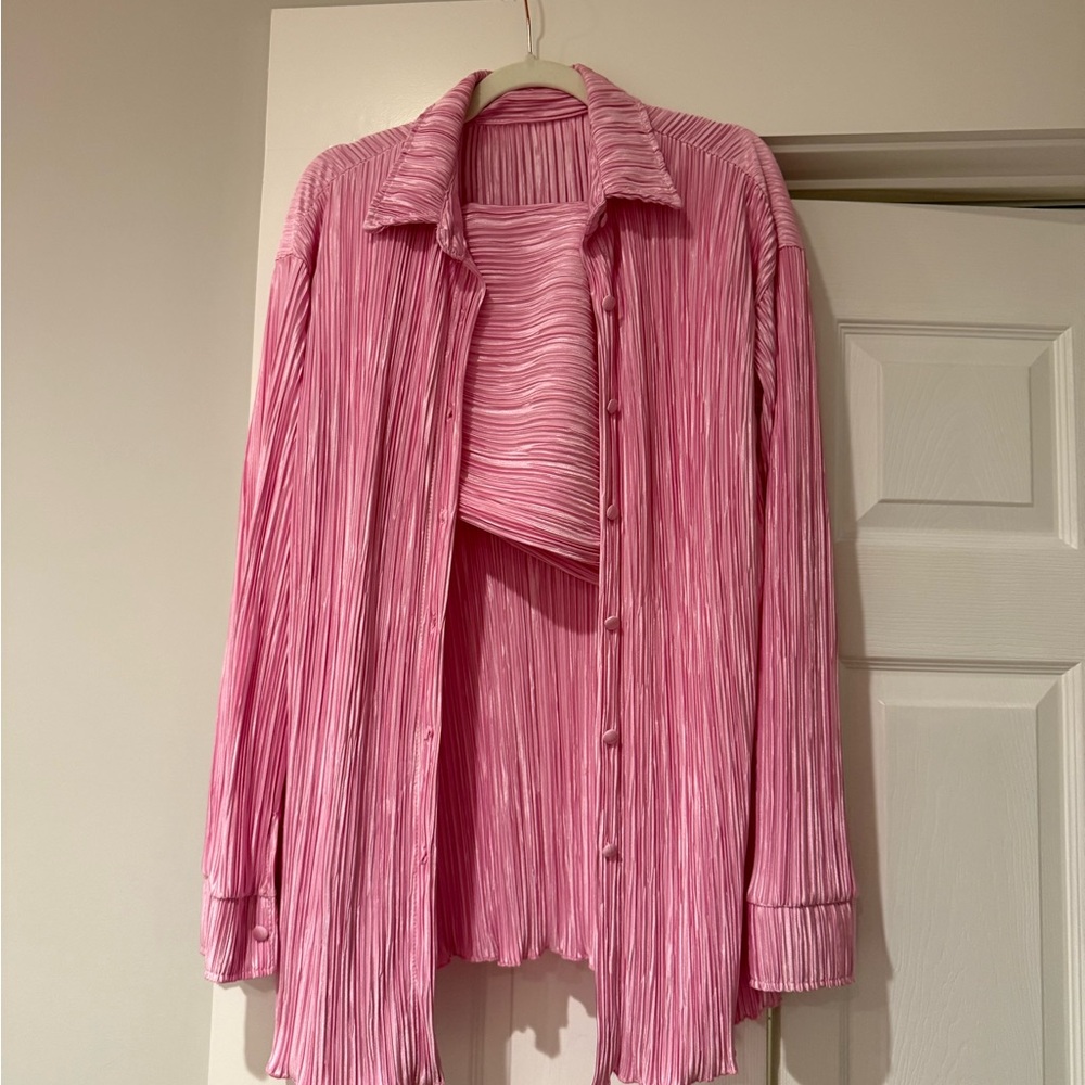 Plisse pleated Two-Piece pink Shirt shorts Set